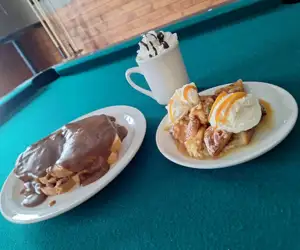 Hot beef melt and a bread pudding dessert.